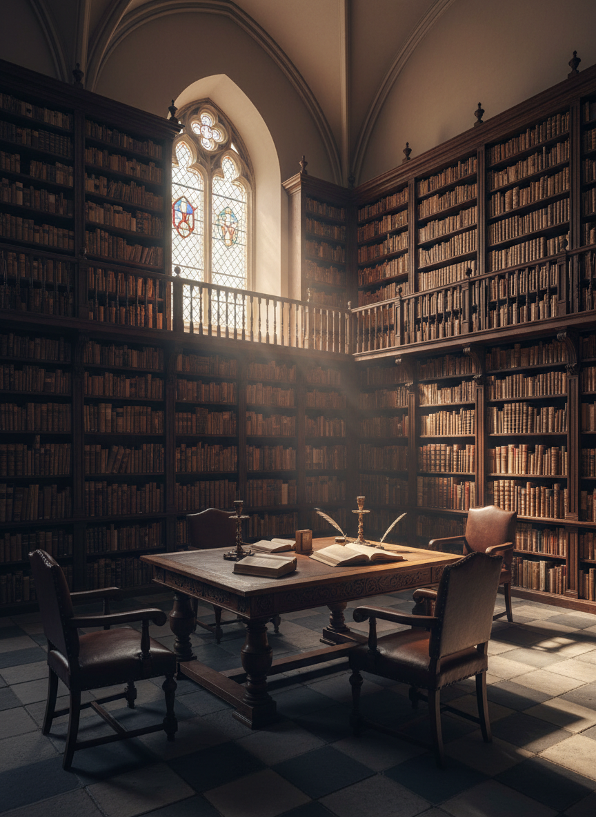 An elegant photograph of an old Catholic theological library with tall dark wooden shelves filled with leather-bound antique books, soft warm light through a high window, dust motes, scholarly and peaceful atmosphere, deep navy shadows and warm ivory tones