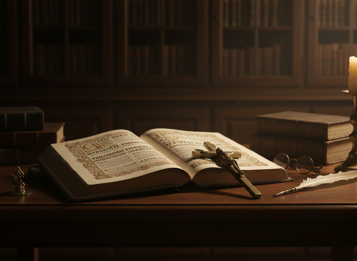 A reverent, scholarly still-life photograph of an aged illuminated Catholic manuscript open on a dark wooden table in a dim archive, warm candlelight, gold leaf lettering catching the light, a brass crucifix resting beside it, deep shadows, muted ivory parchment, antique gold accents, cinematic and sophisticated, museum-archive atmosphere, not sensational