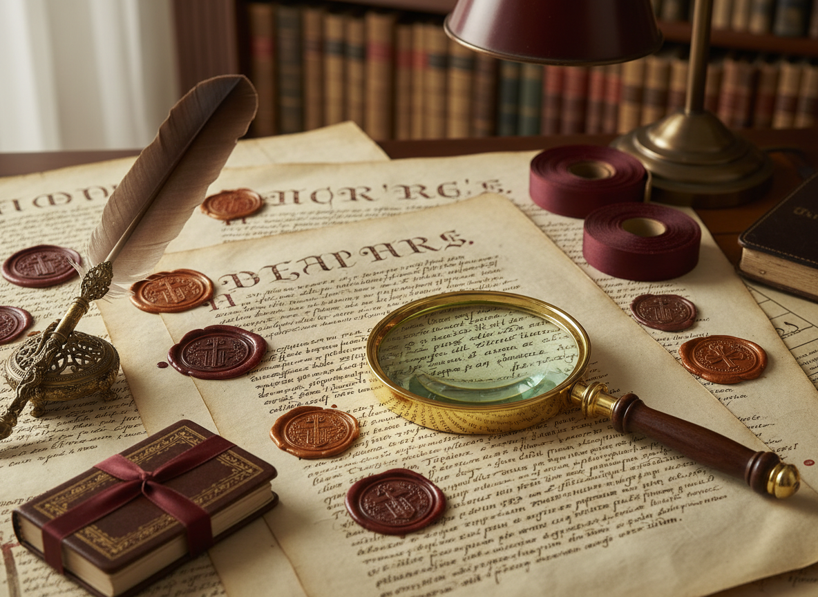A sophisticated close-up photograph of historical Church documents and yellowed parchment records with wax seals and old handwritten Latin script, a magnifying glass resting on the page, antique gold and burgundy accents, scholarly archival research atmosphere, soft directional light