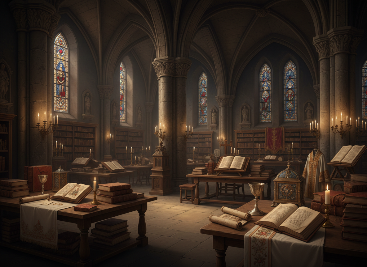 A reverent Catholic archive scene: an old monastery library with warm candlelight, stone arches, and soft golden light on ancient manuscripts and religious artifacts.